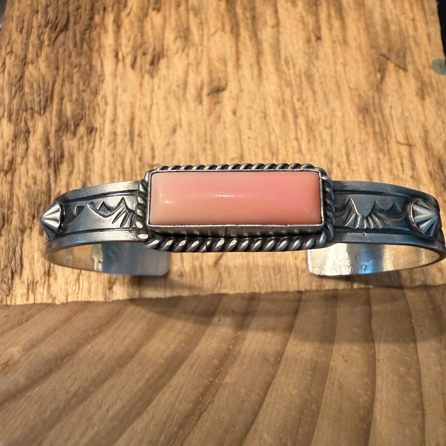 Rick Enriquez Signed Navajo Style Pink Conch Gemstone Cuff Bangle, Sterling Silver