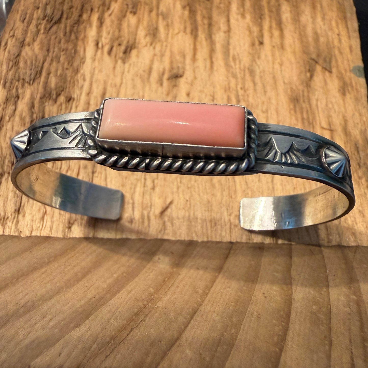 Rick Enriquez Signed Navajo Style Pink Conch Gemstone Cuff Bangle, Sterling Silver