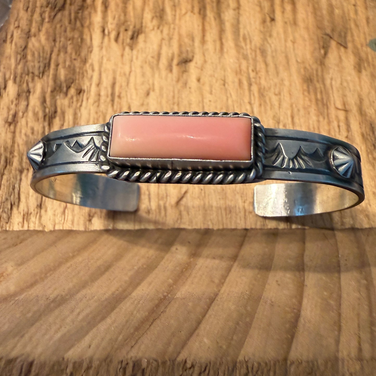 Rick Enriquez Signed Navajo Style Pink Conch Gemstone Cuff Bangle, Sterling Silver