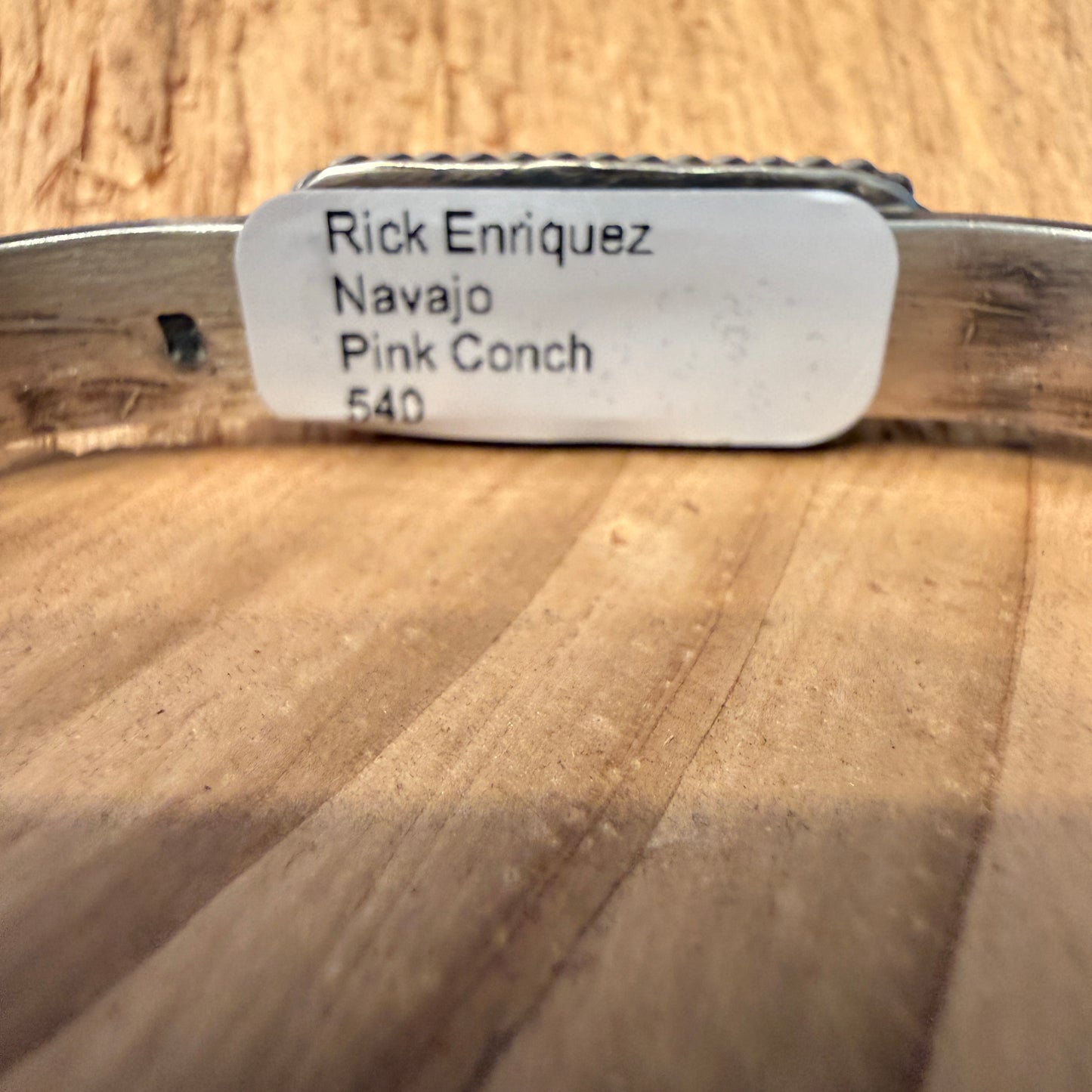 Rick Enriquez Signed Navajo Style Pink Conch Gemstone Cuff Bangle, Sterling Silver