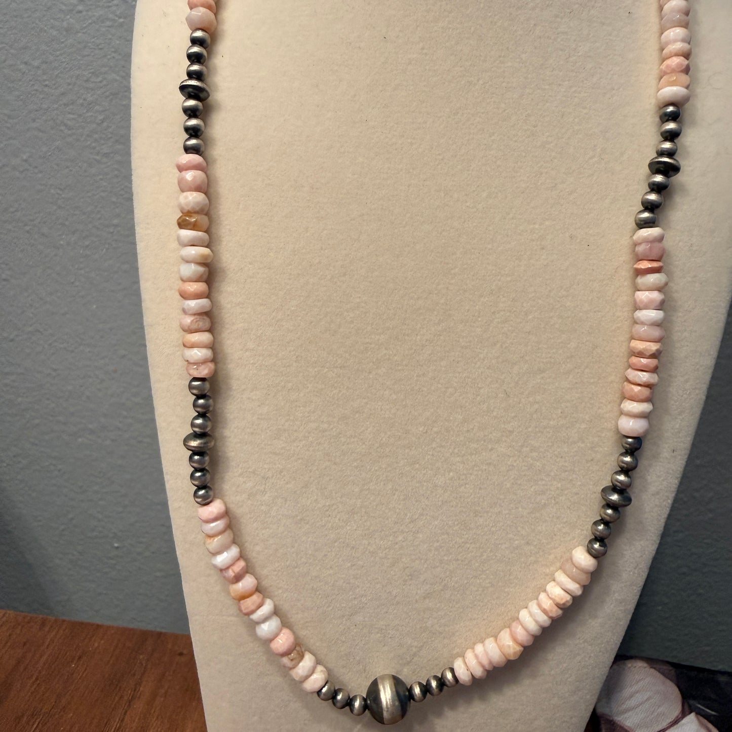 Pink Opal And Sterling Silver Pearl Beads Necklace 20 Inch