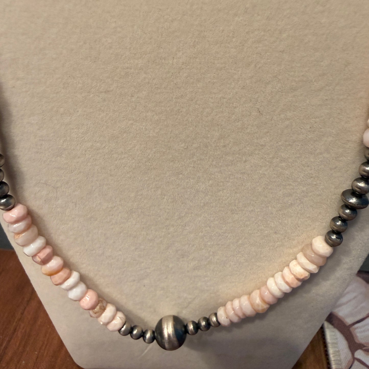 Pink Opal And Sterling Silver Pearl Beads Necklace 20 Inch