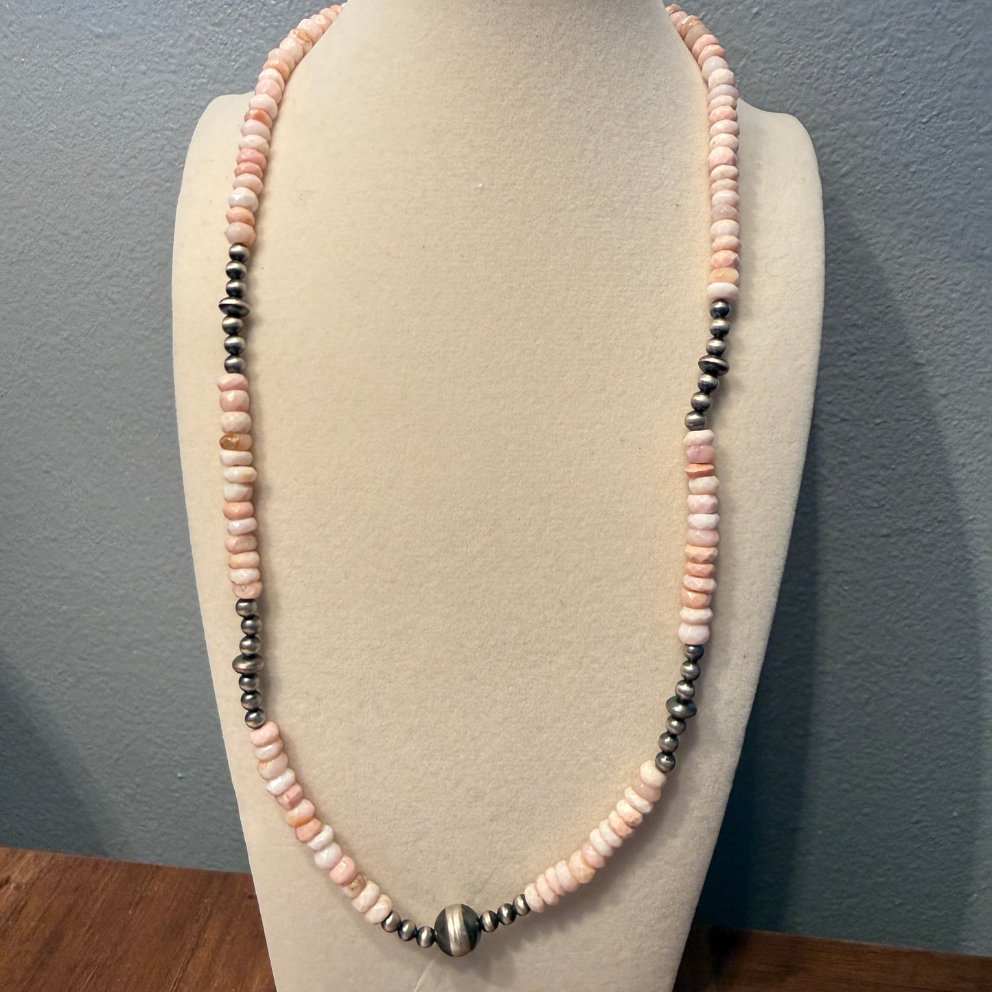 Pink Opal And Sterling Silver Pearl Beads Necklace 20 Inch