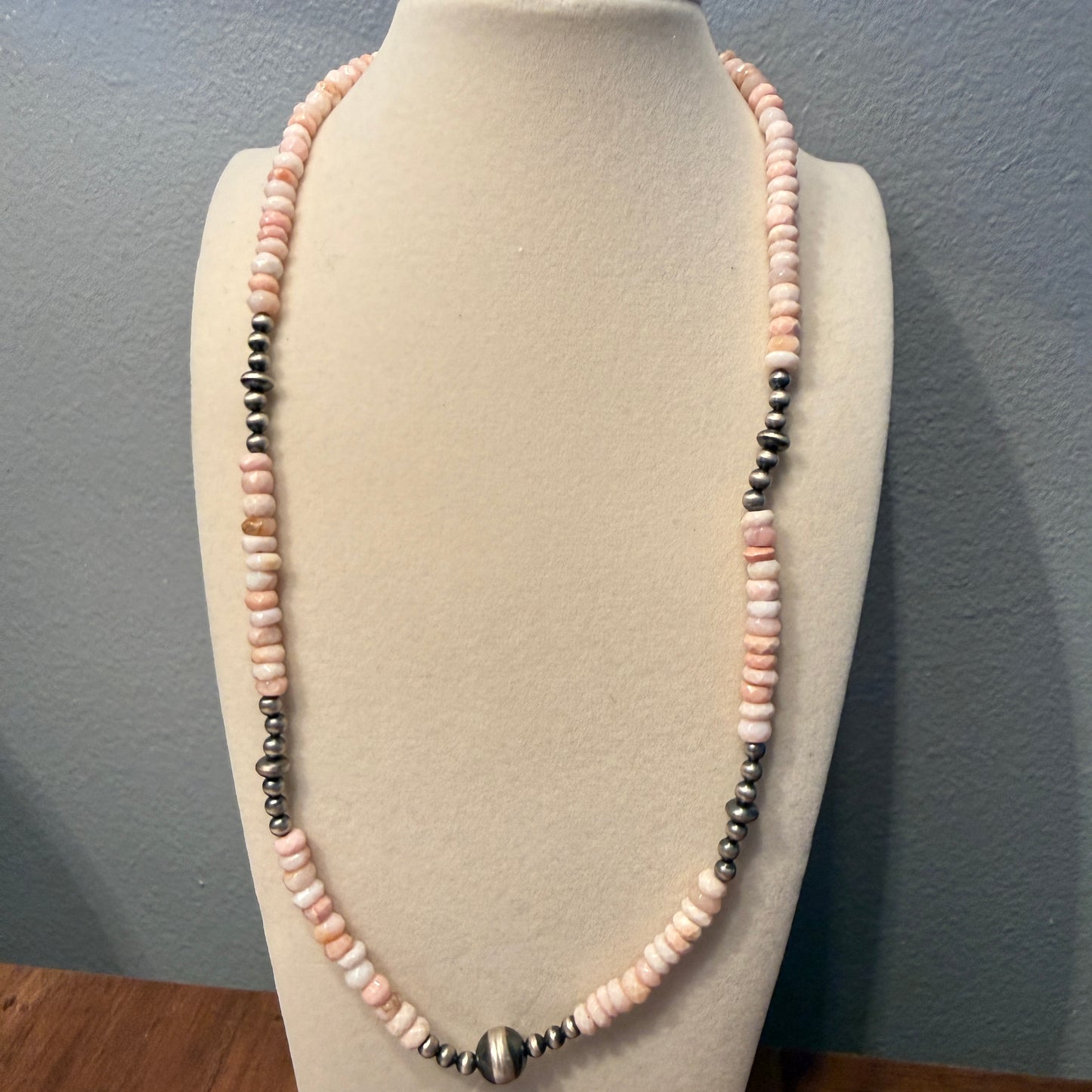 Pink Opal And Sterling Silver Pearl Beads Necklace 20 Inch