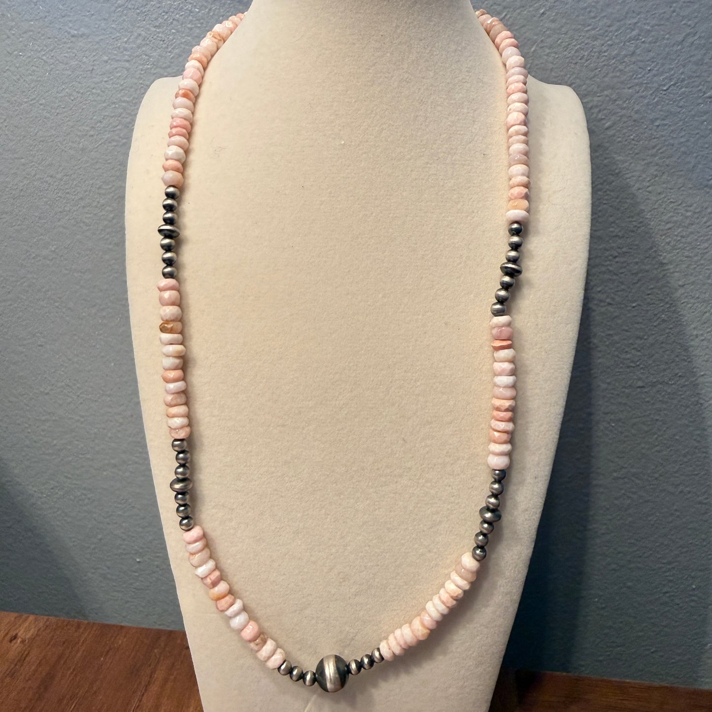 Pink Opal And Sterling Silver Pearl Beads Necklace 20 Inch