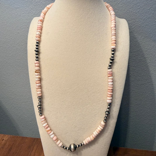 Pink Opal And Sterling Silver Pearl Beads Necklace 20 Inch