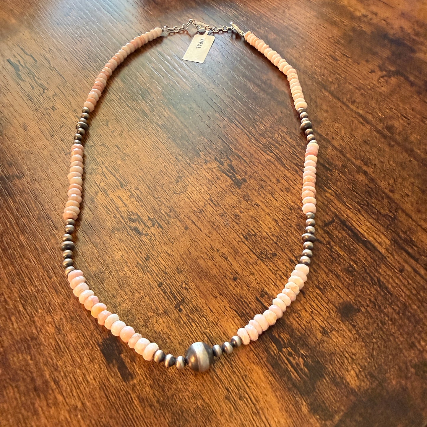 Pink Opal And Sterling Silver Pearl Beads Necklace 20 Inch