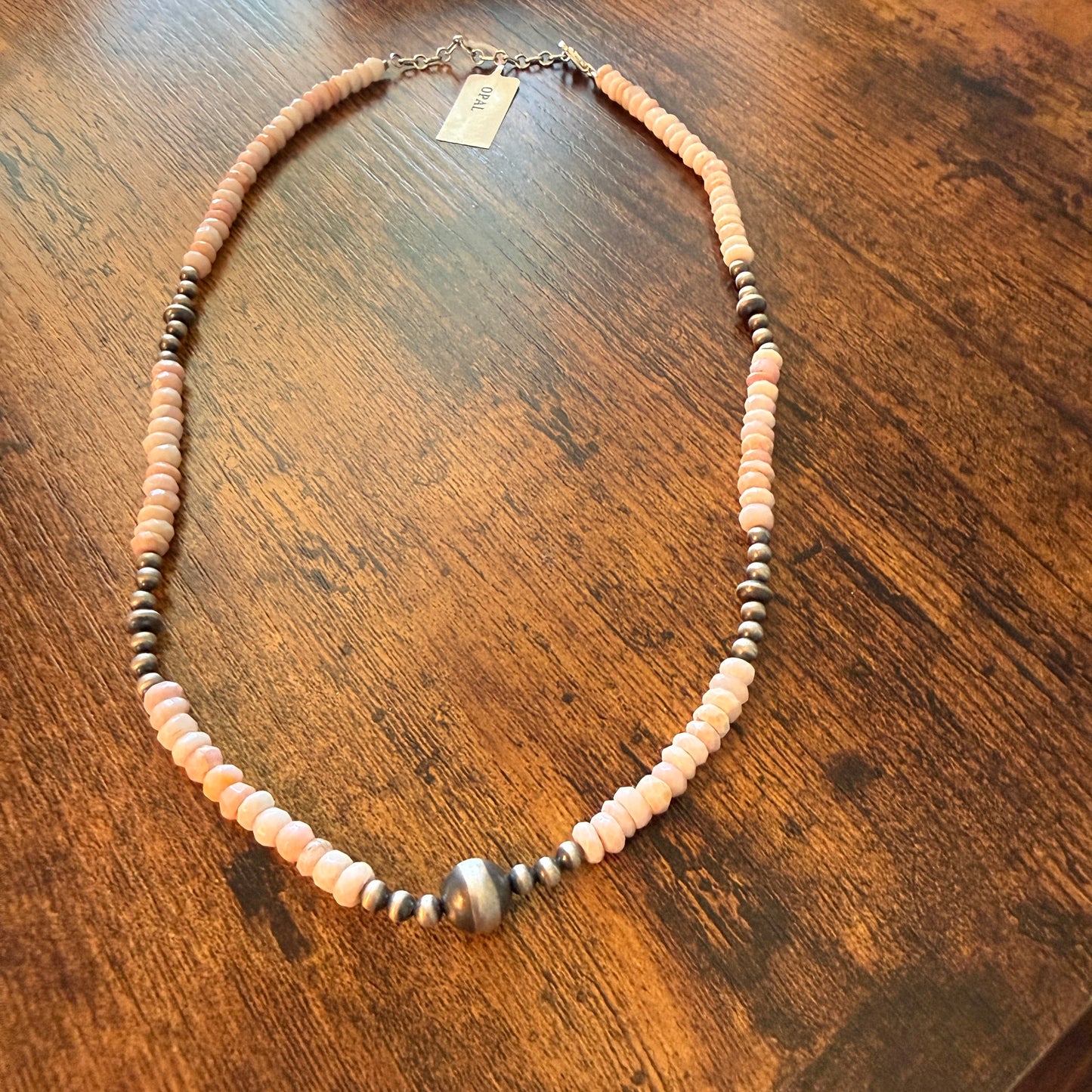 Pink Opal And Sterling Silver Pearl Beads Necklace 20 Inch