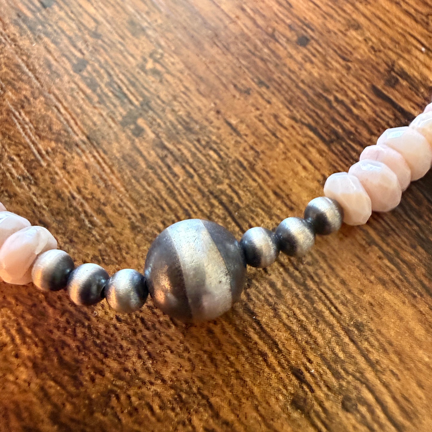 Pink Opal And Sterling Silver Pearl Beads Necklace 20 Inch