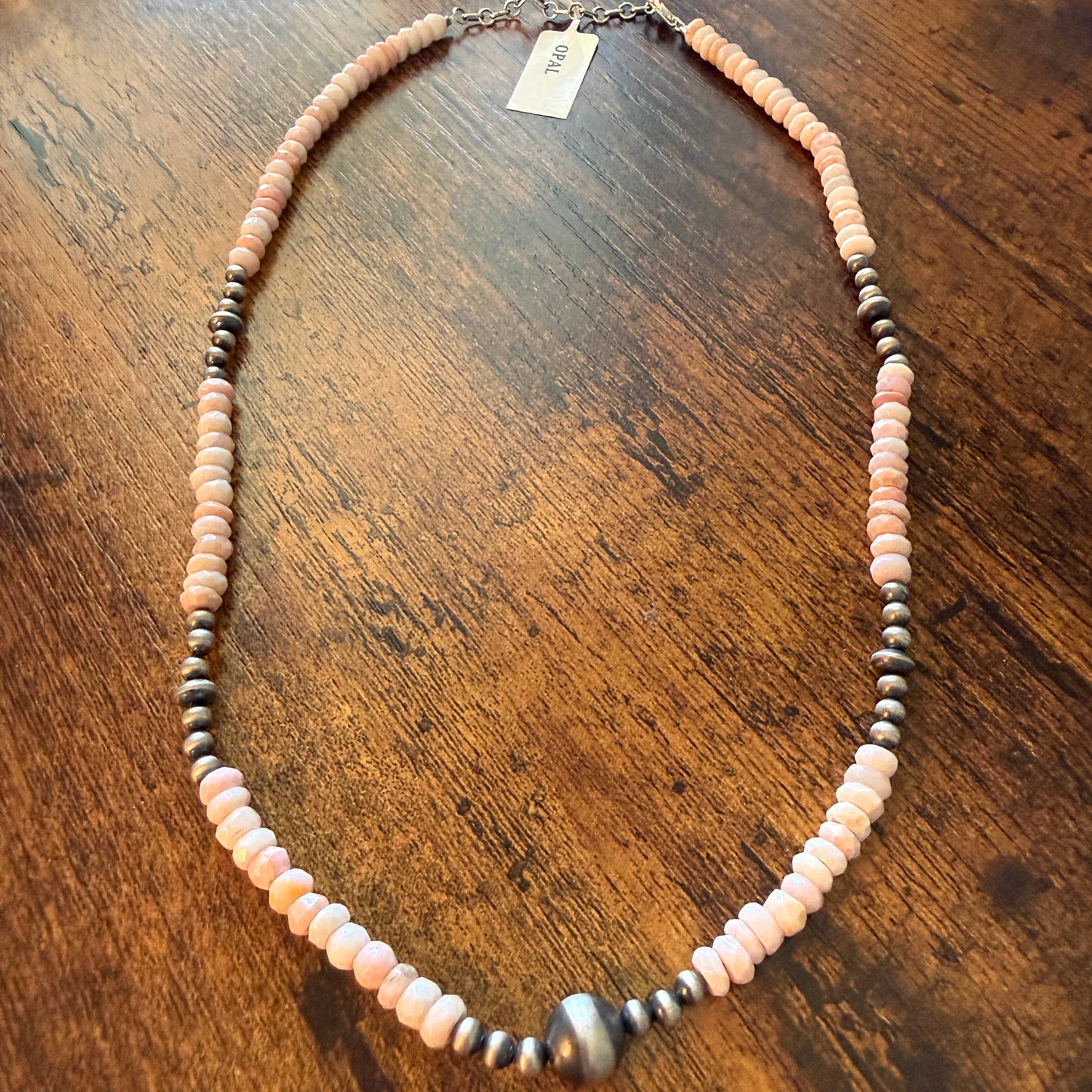 Pink Opal And Sterling Silver Pearl Beads Necklace 20 Inch