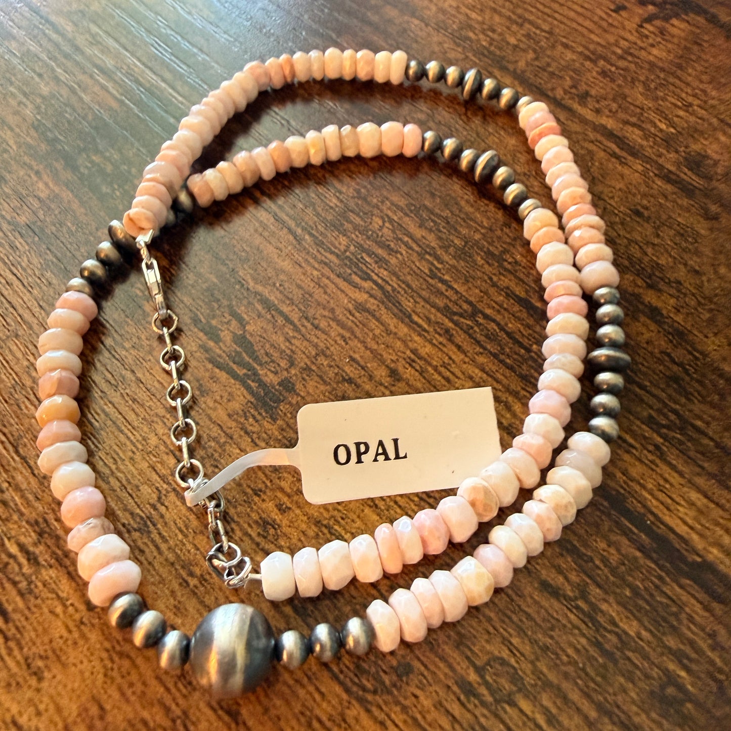 Pink Opal And Sterling Silver Pearl Beads Necklace 20 Inch
