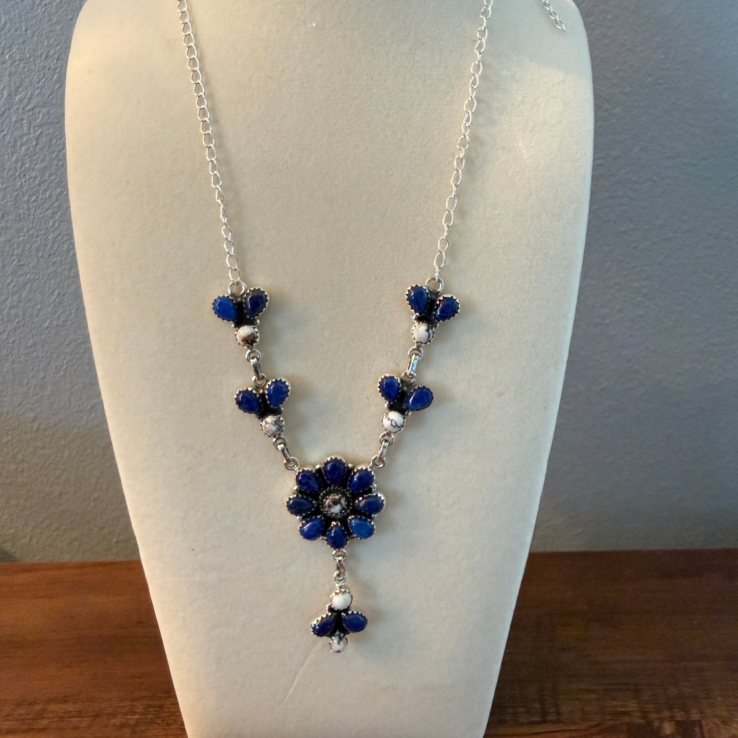 Wild Horse Dahlia Blue Gemstone Lariat Y Necklace Sterling Silver