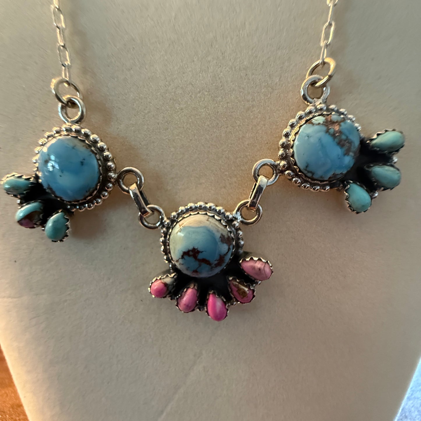 Handcrafted Cotton Candy Dahlia Gemstone Necklace Sterling Silver 16 Inch Chain
