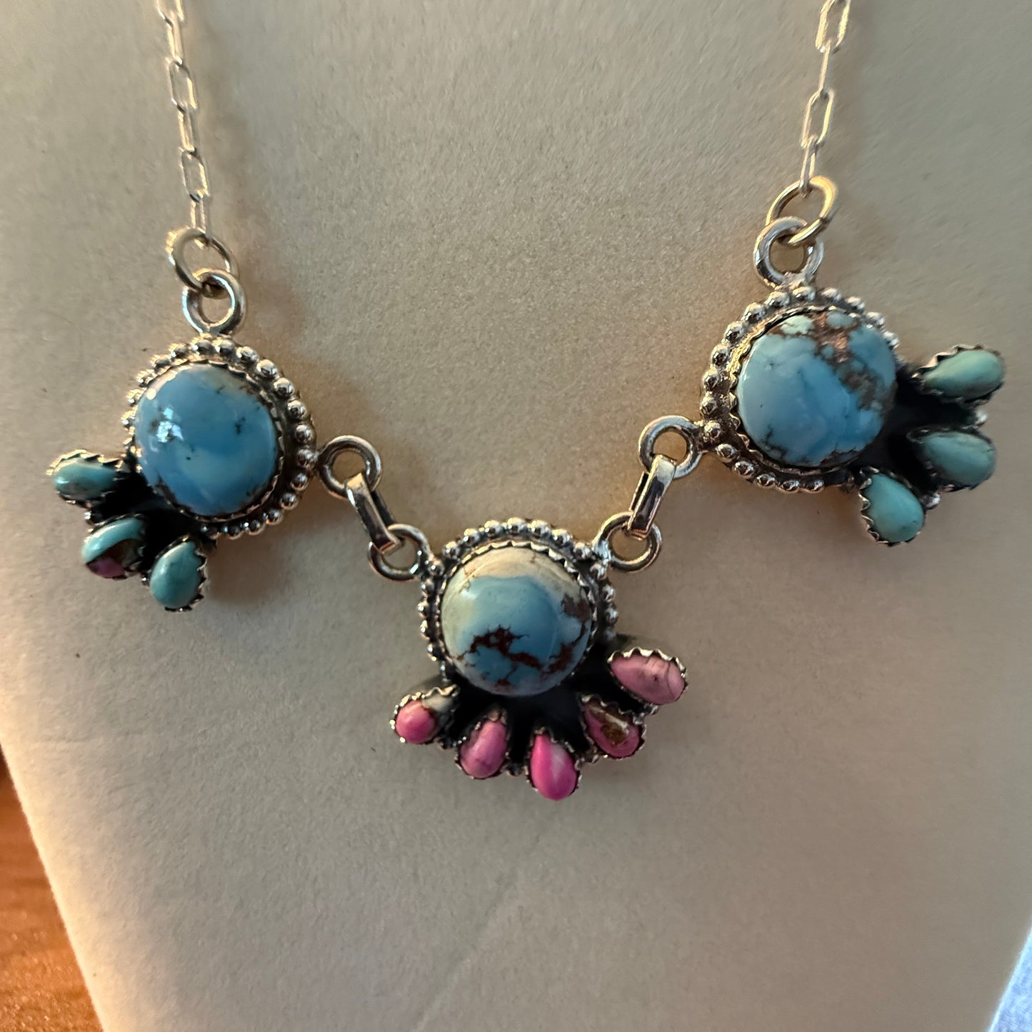 Handcrafted Cotton Candy Dahlia Gemstone Necklace Sterling Silver 16 Inch Chain
