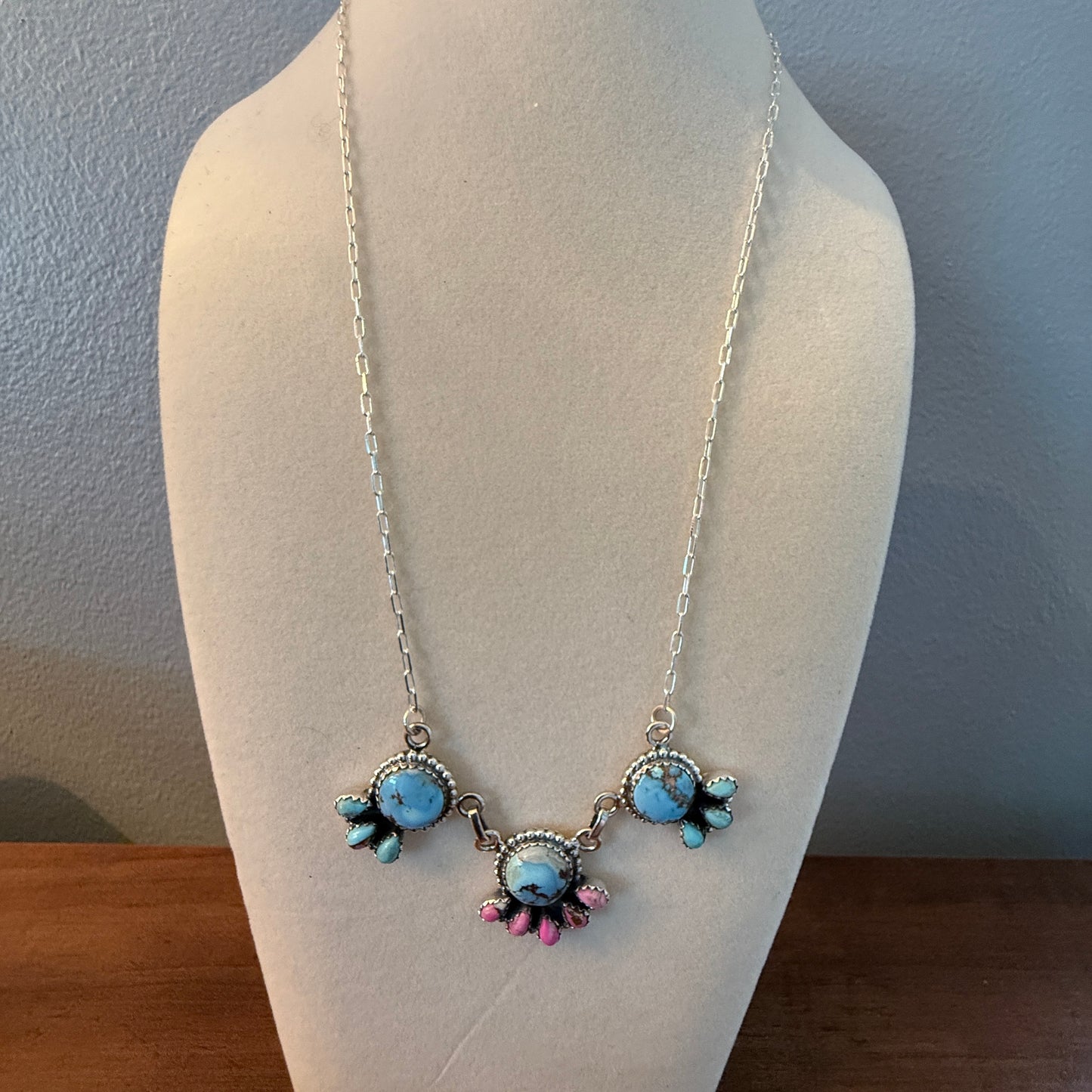 Handcrafted Cotton Candy Dahlia Gemstone Necklace Sterling Silver 16 Inch Chain