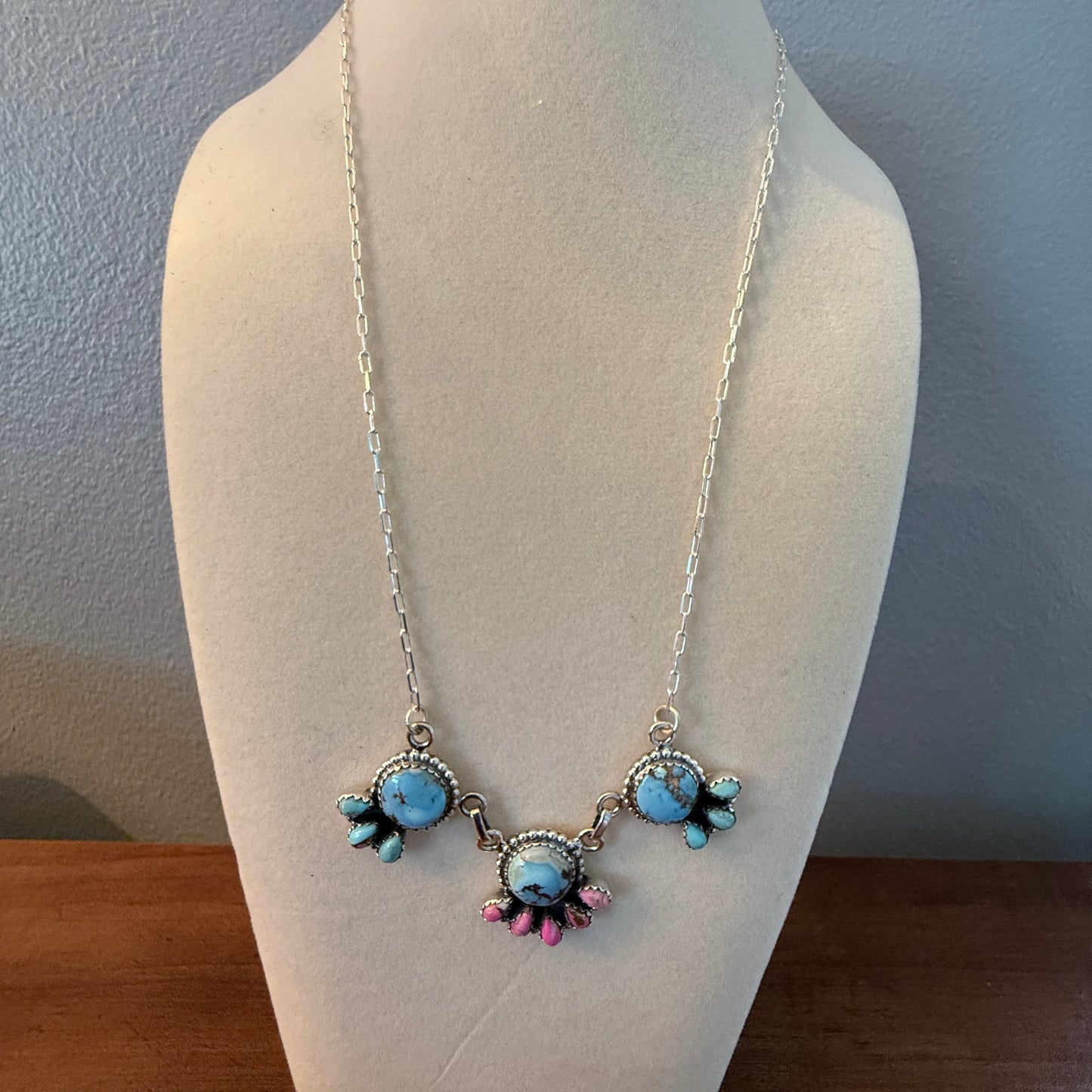 Handcrafted Cotton Candy Dahlia Gemstone Necklace Sterling Silver 16 Inch Chain