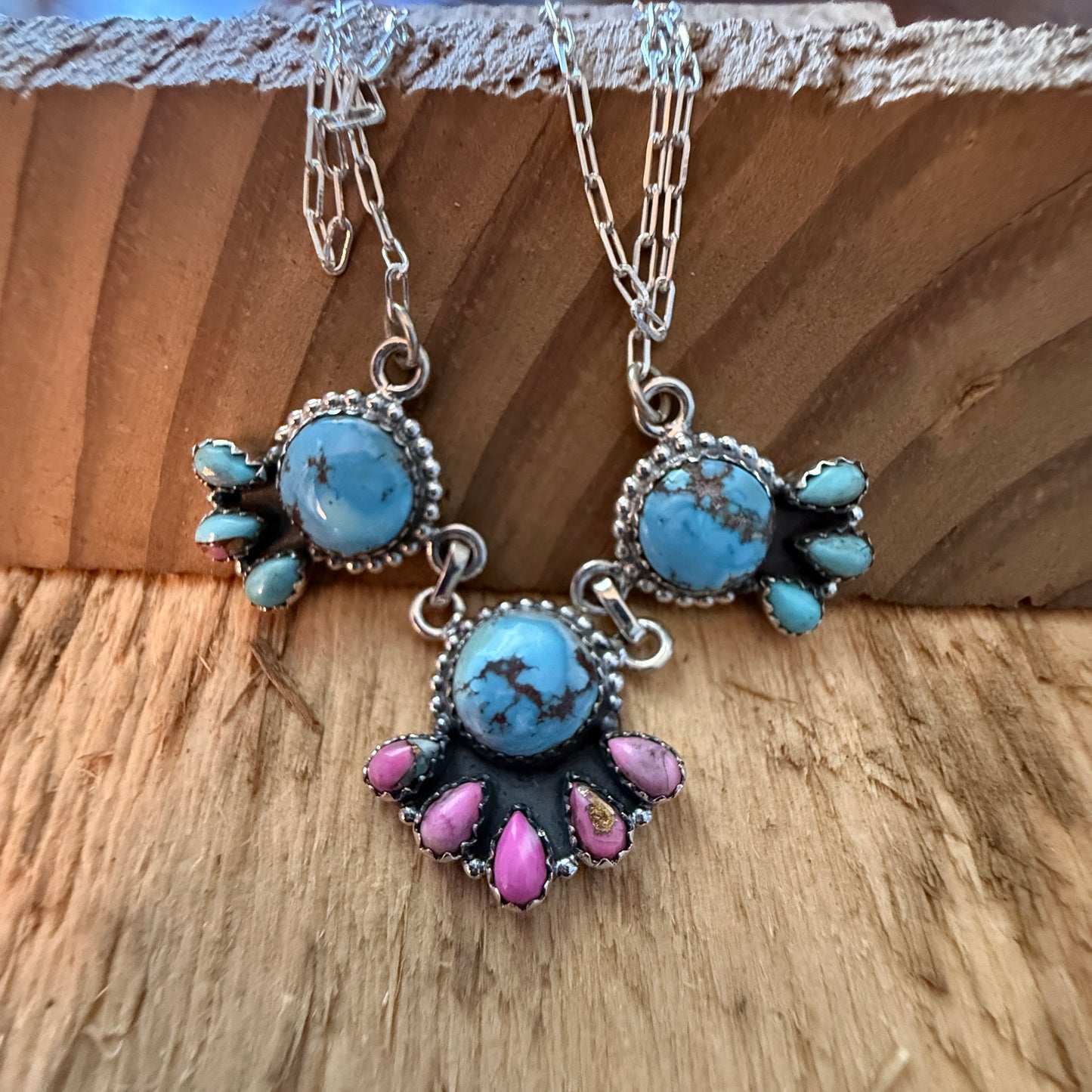 Handcrafted Cotton Candy Dahlia Gemstone Necklace Sterling Silver 16 Inch Chain