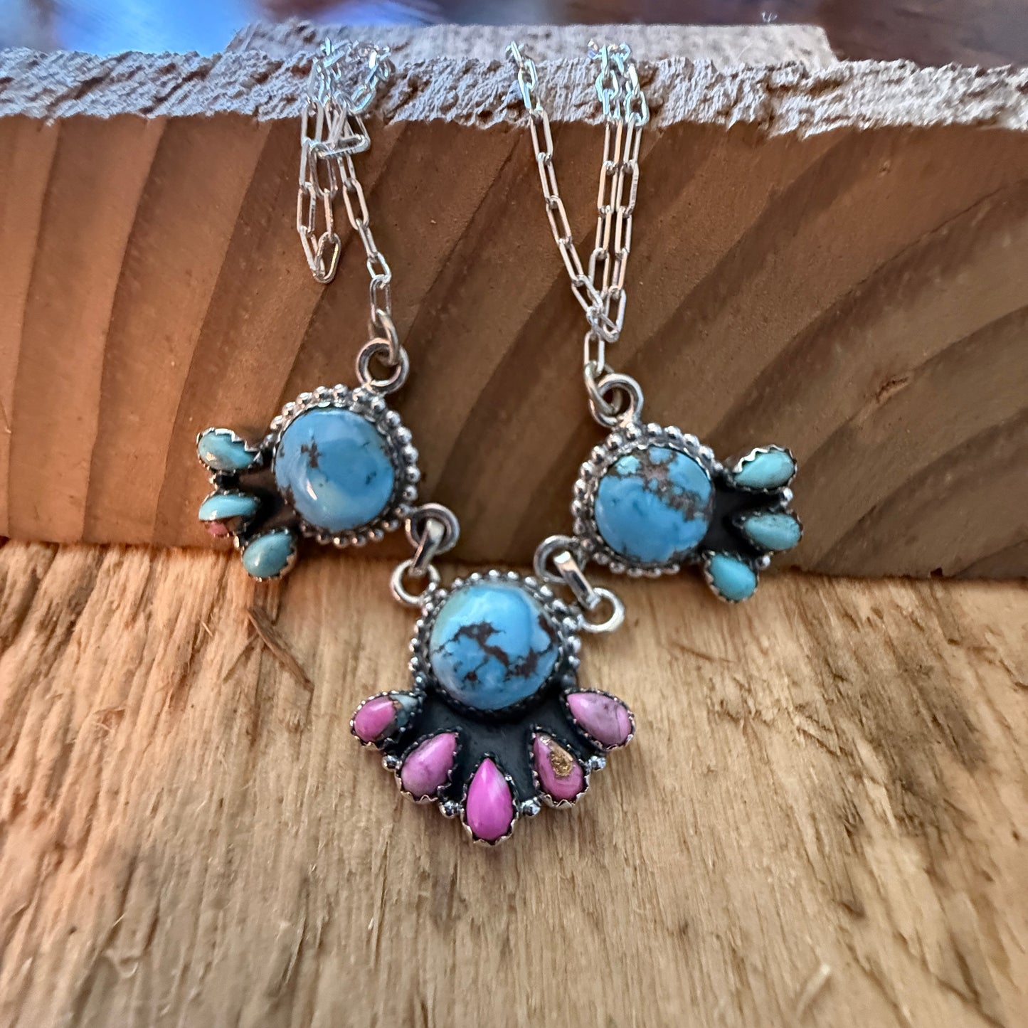 Handcrafted Cotton Candy Dahlia Gemstone Necklace Sterling Silver 16 Inch Chain