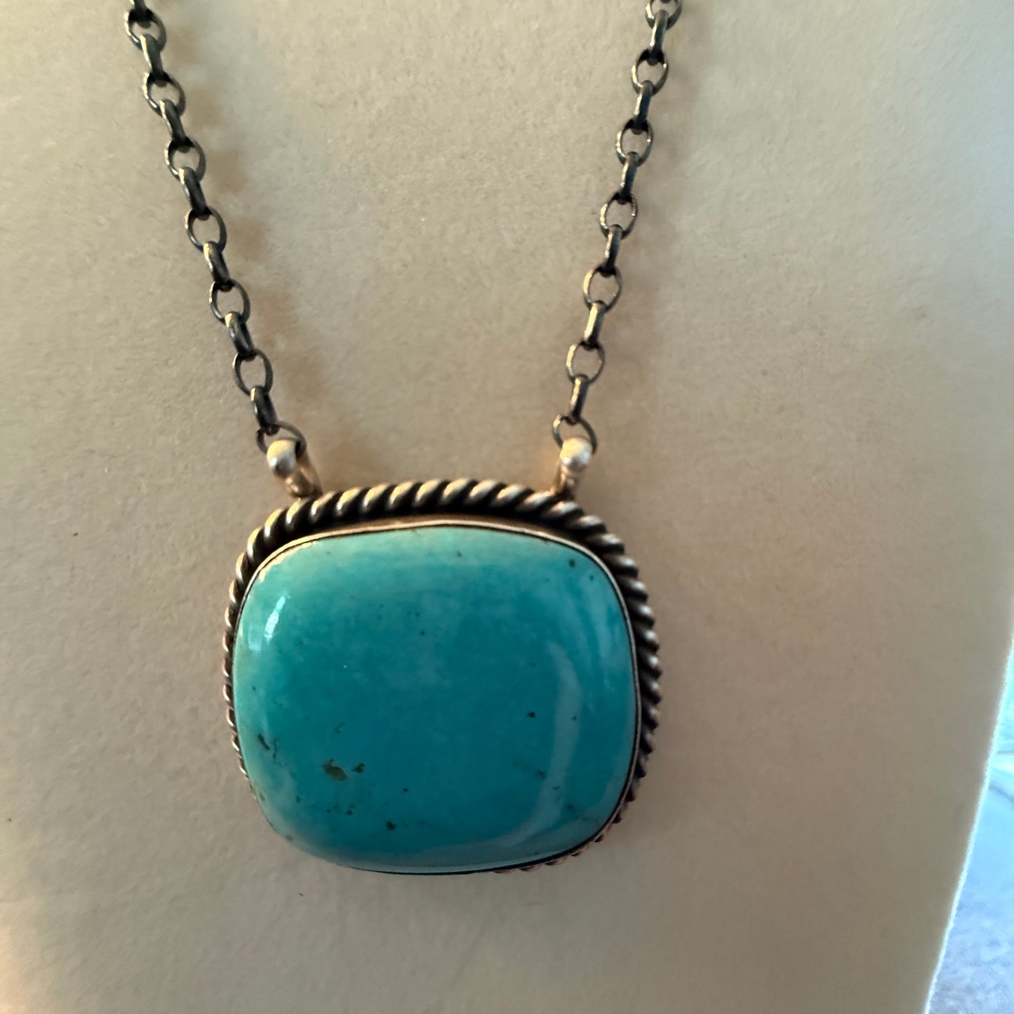 Johnny Dixon Signed Kingman Turquoise Gemstone Pendant Necklace 16 Inch Chain