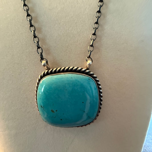 Johnny Dixon Signed Kingman Turquoise Gemstone Pendant Necklace 16 Inch Chain