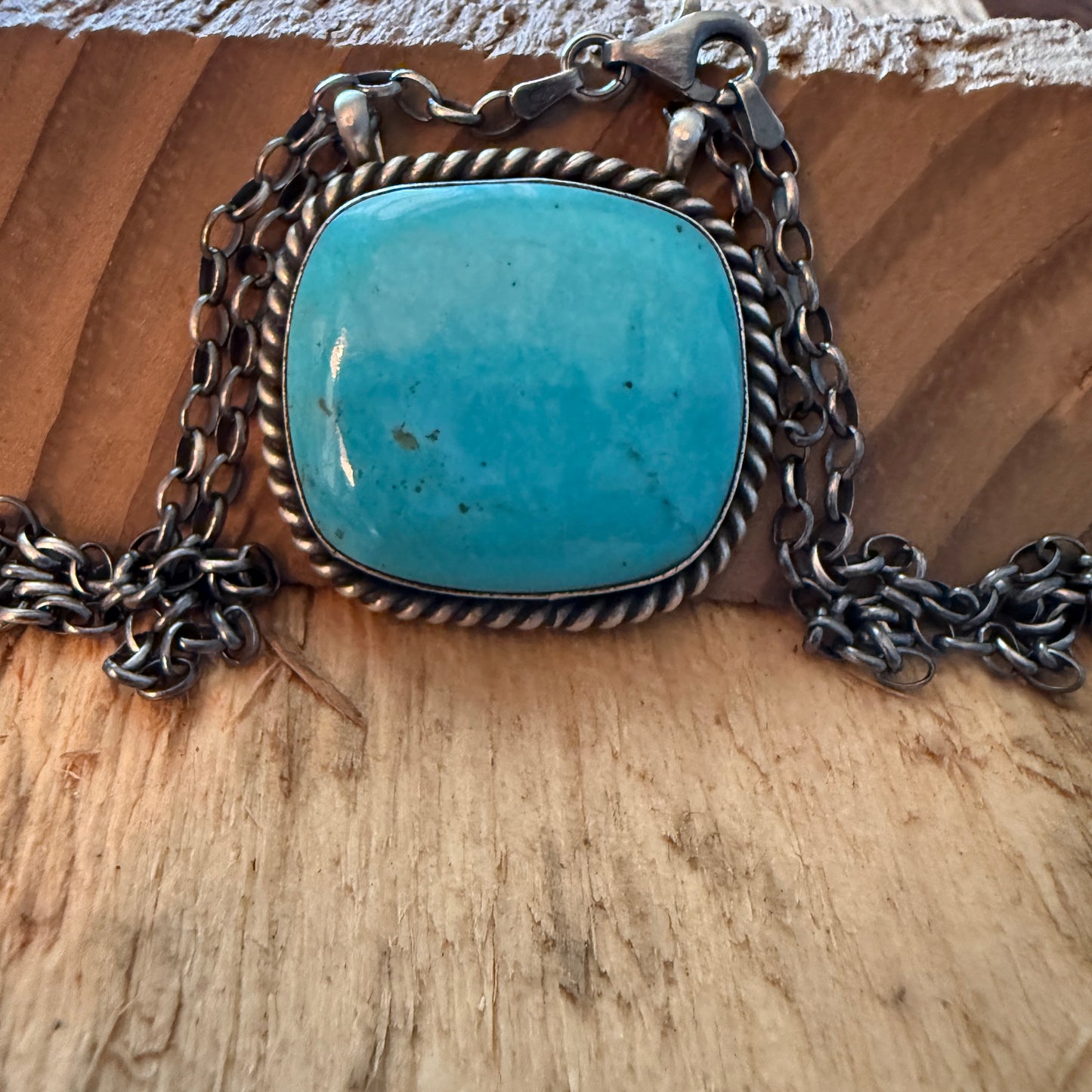 Johnny Dixon Signed Kingman Turquoise Gemstone Pendant Necklace 16 Inch Chain