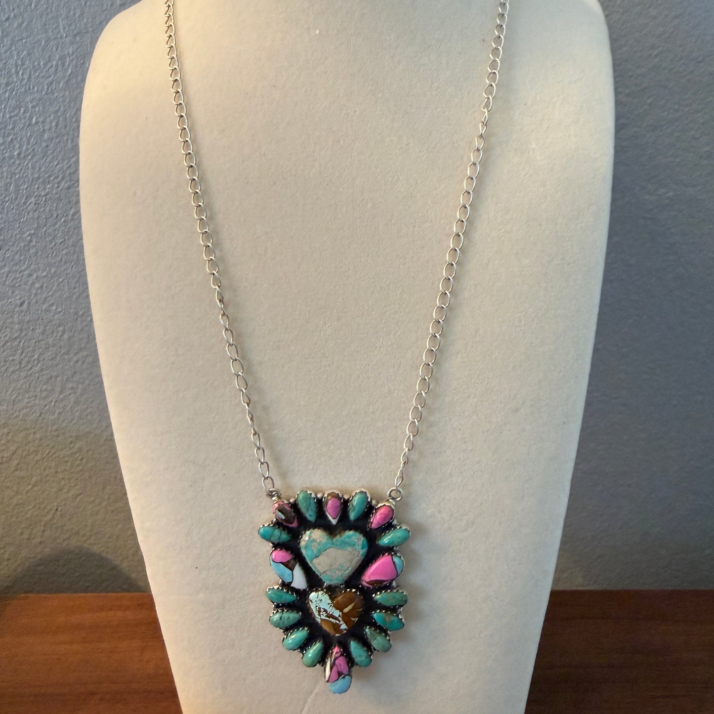 Handcrafted Cotton Candy Dahlia Gemstone Double Heart Necklace 16 Inch