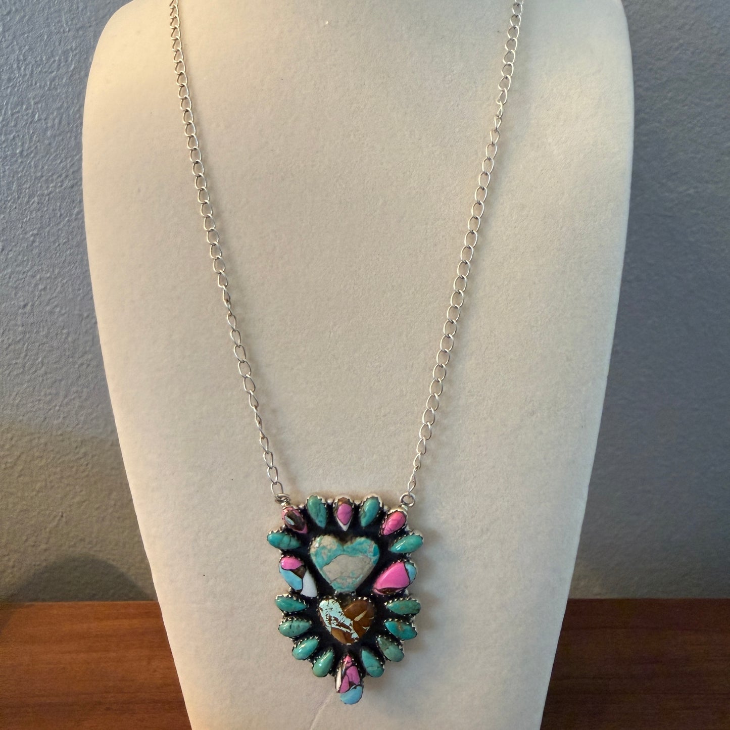 Handcrafted Cotton Candy Dahlia Gemstone Double Heart Necklace 16 Inch
