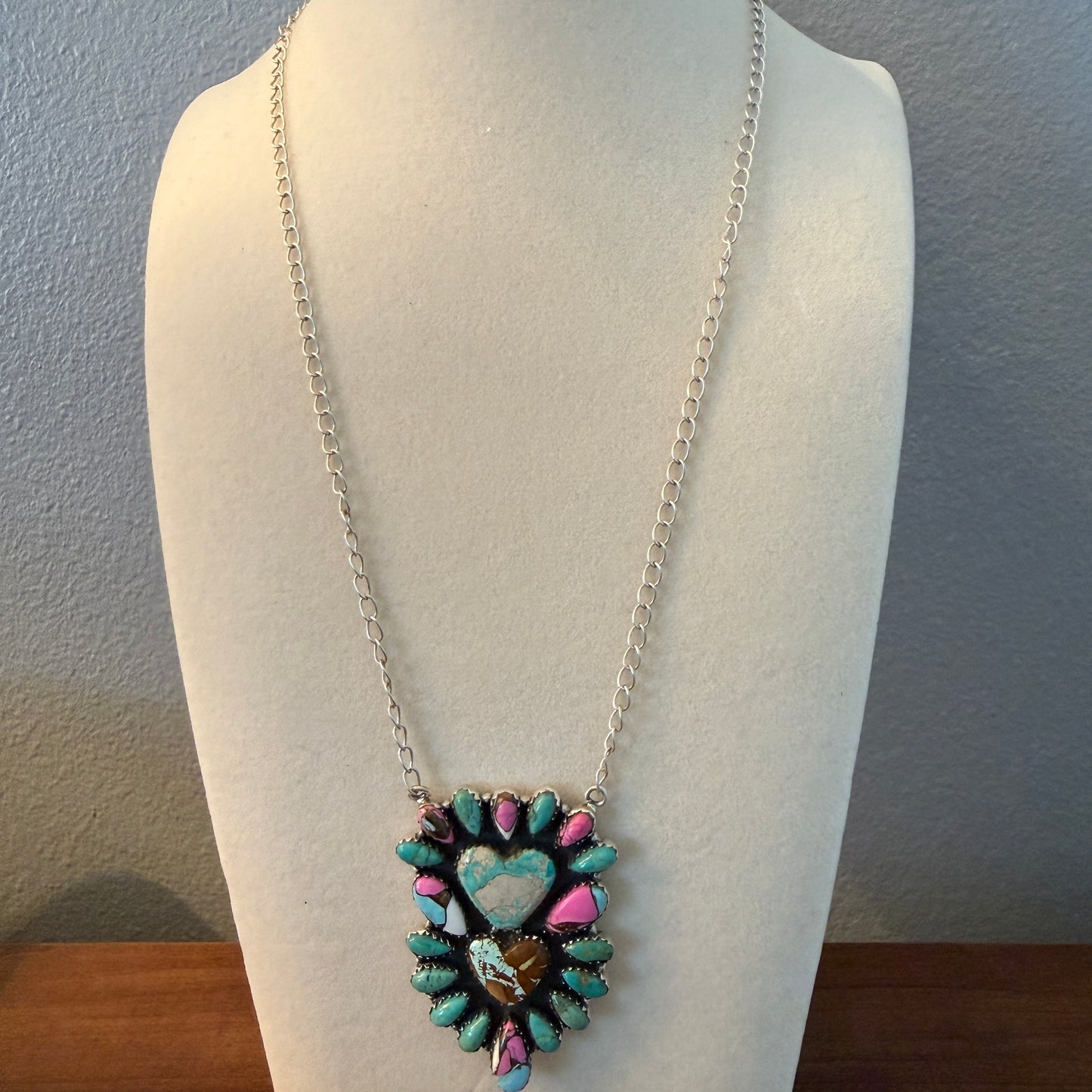 Handcrafted Cotton Candy Dahlia Gemstone Double Heart Necklace 16 Inch