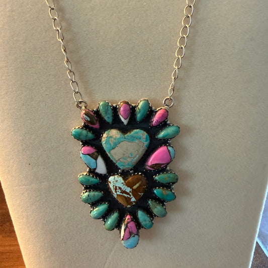 Handcrafted Cotton Candy Dahlia Gemstone Double Heart Necklace 16 Inch