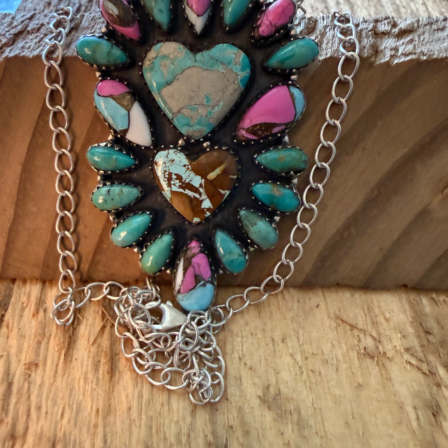 Handcrafted Cotton Candy Dahlia Gemstone Double Heart Necklace 16 Inch