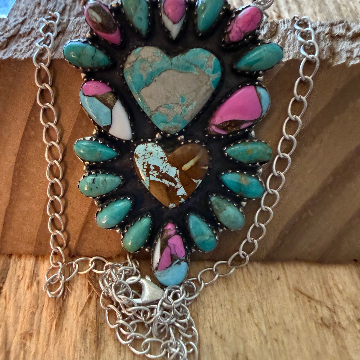 Handcrafted Cotton Candy Dahlia Gemstone Double Heart Necklace 16 Inch