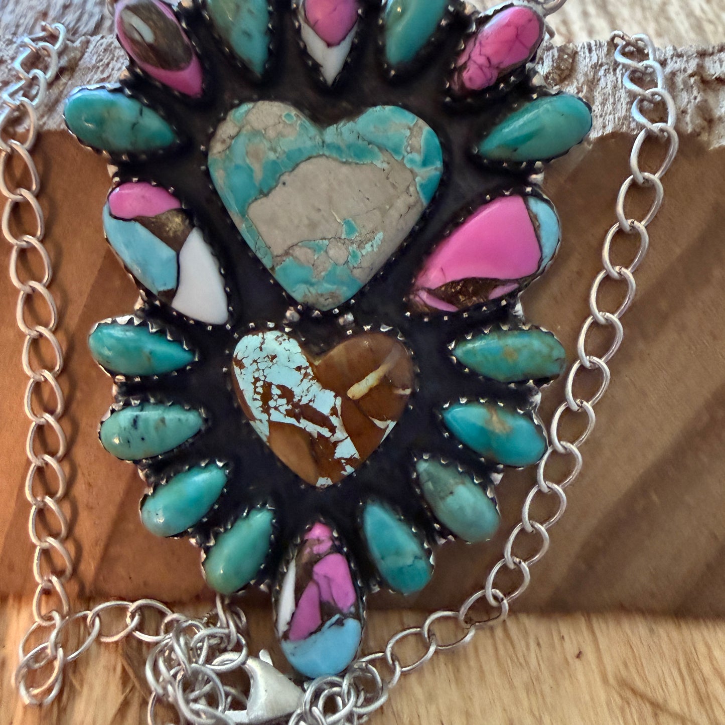 Handcrafted Cotton Candy Dahlia Gemstone Double Heart Necklace 16 Inch