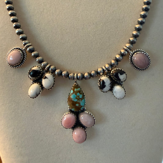 Pink Conch White Buffalo Turquoise Number 8 Gemstone Silver Pearl Necklace