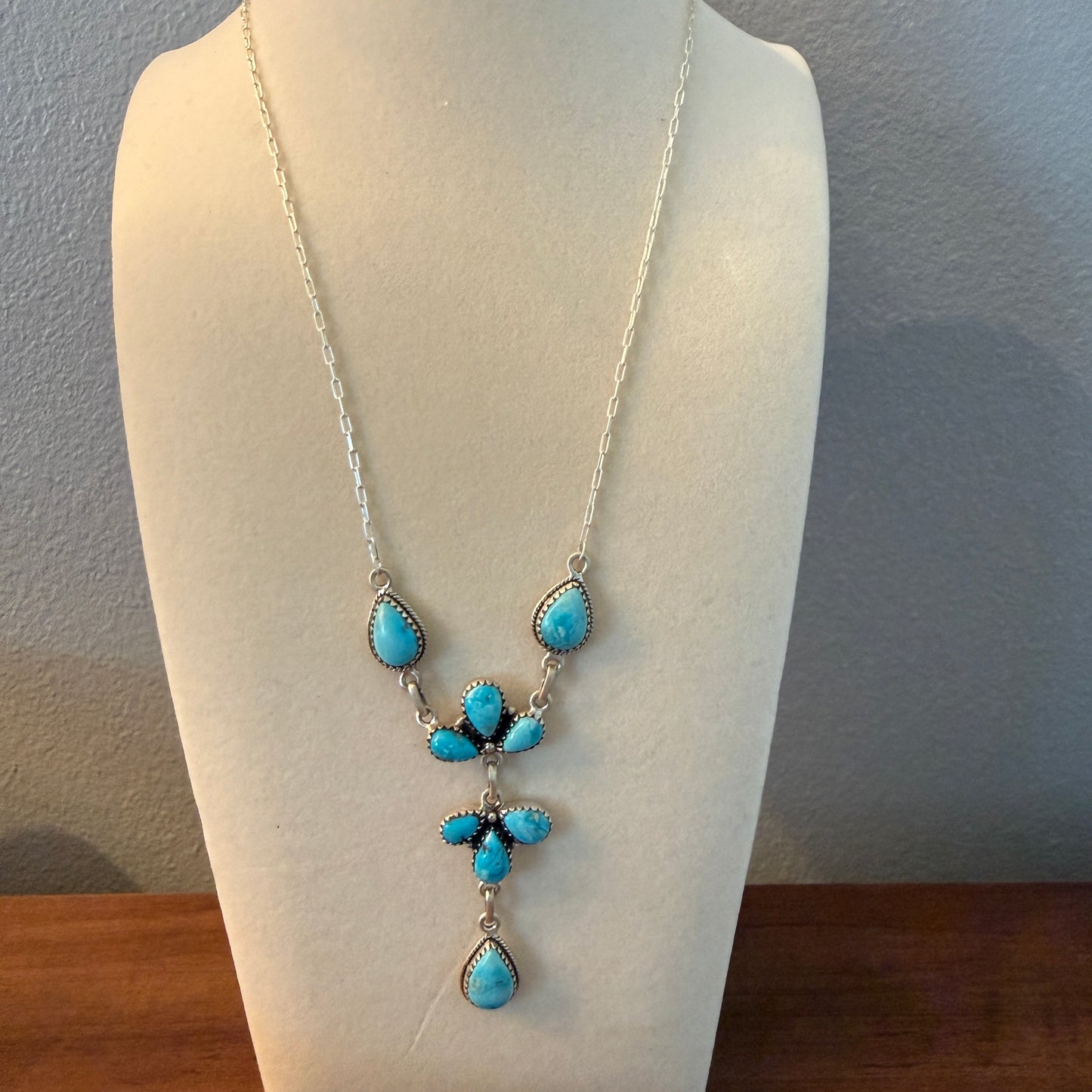 White Water Turquoise Dahlia Gemstone Necklace Sterling Silver Chain 16 Inch