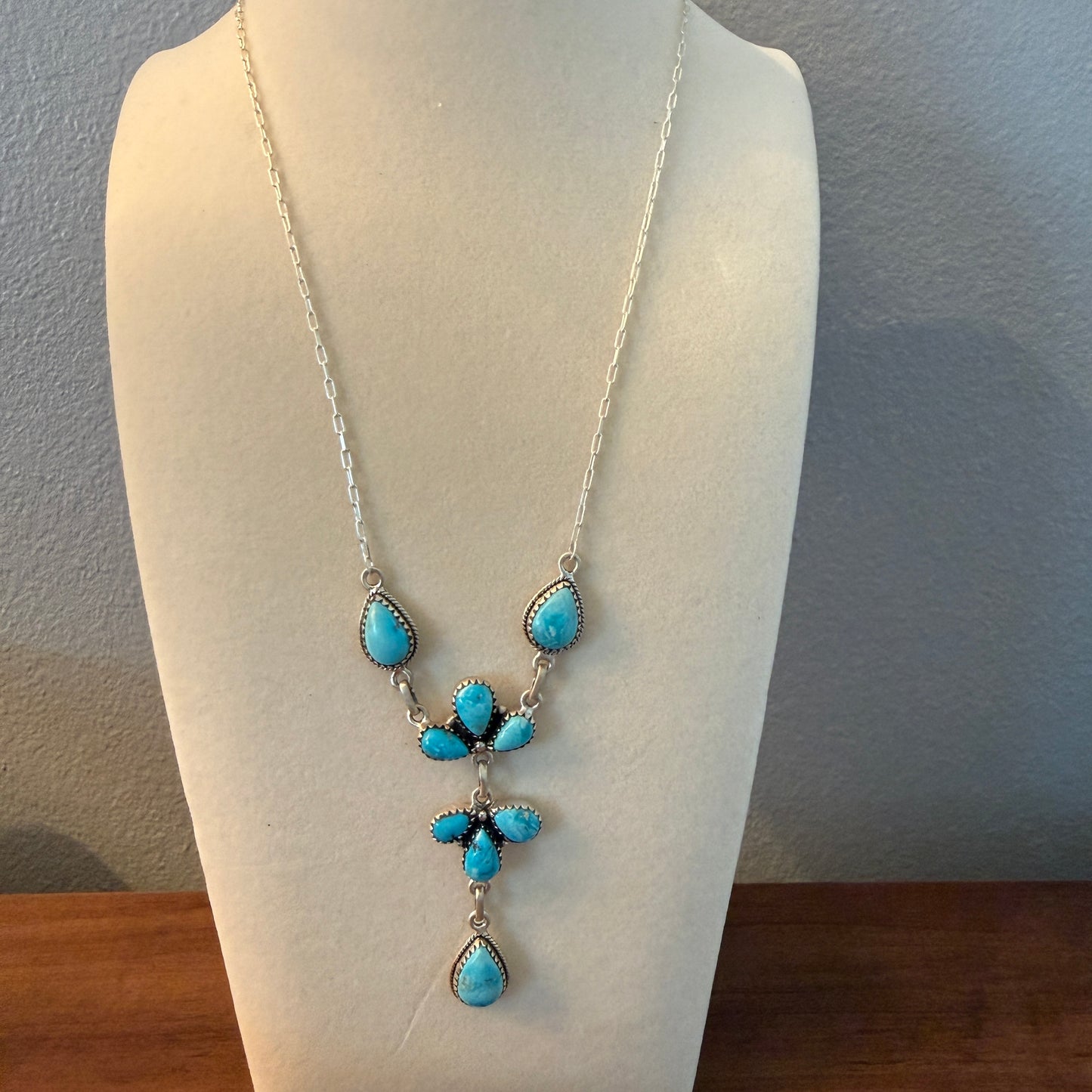 White Water Turquoise Dahlia Gemstone Necklace Sterling Silver Chain 16 Inch