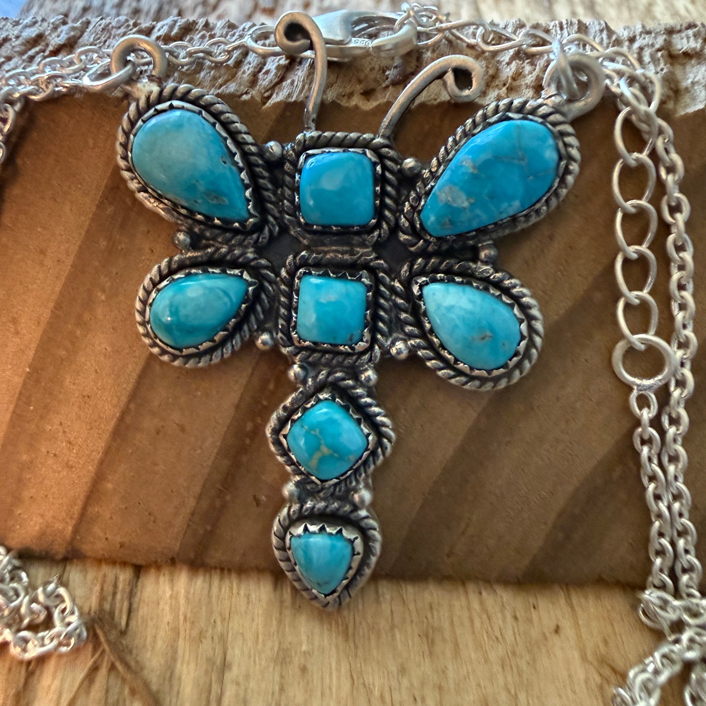 Kingman Turquoise Butterfly Necklace Sterling Silver 16 Inch