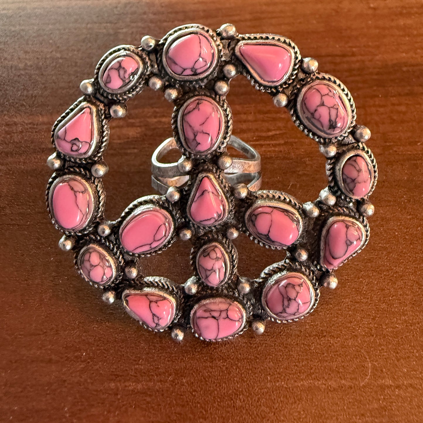 Handcrafted Hot Pink Turquoise Stone Peace Sign Ring In Silver Metal, Adjustable