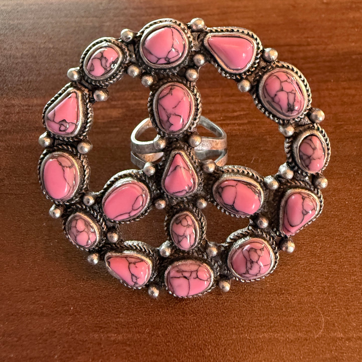 Handcrafted Hot Pink Turquoise Stone Peace Sign Ring In Silver Metal, Adjustable