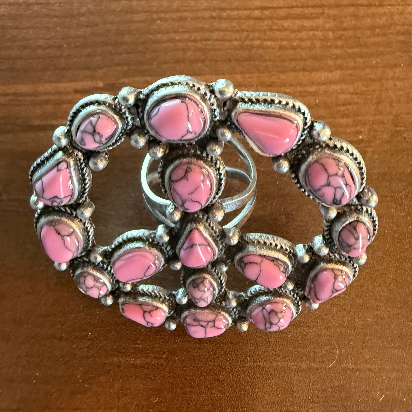 Handcrafted Hot Pink Turquoise Stone Peace Sign Ring In Silver Metal, Adjustable