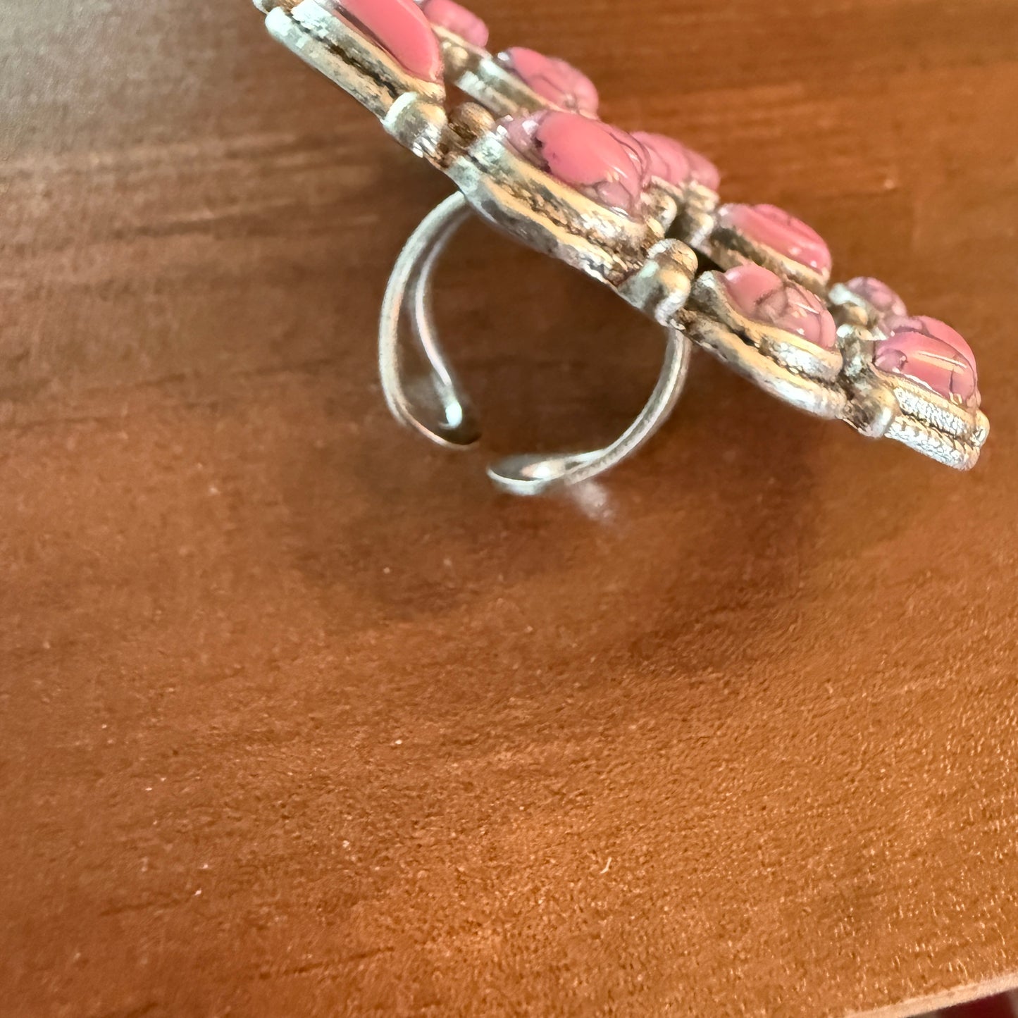 Handcrafted Hot Pink Turquoise Stone Peace Sign Ring In Silver Metal, Adjustable