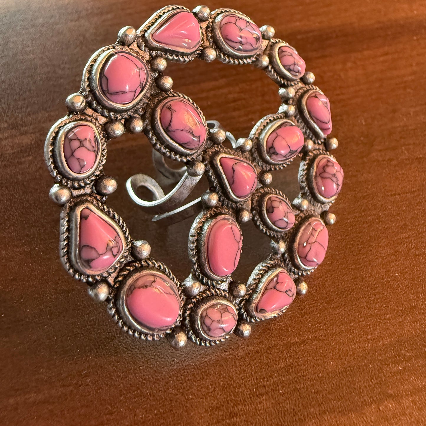 Handcrafted Hot Pink Turquoise Stone Peace Sign Ring In Silver Metal, Adjustable