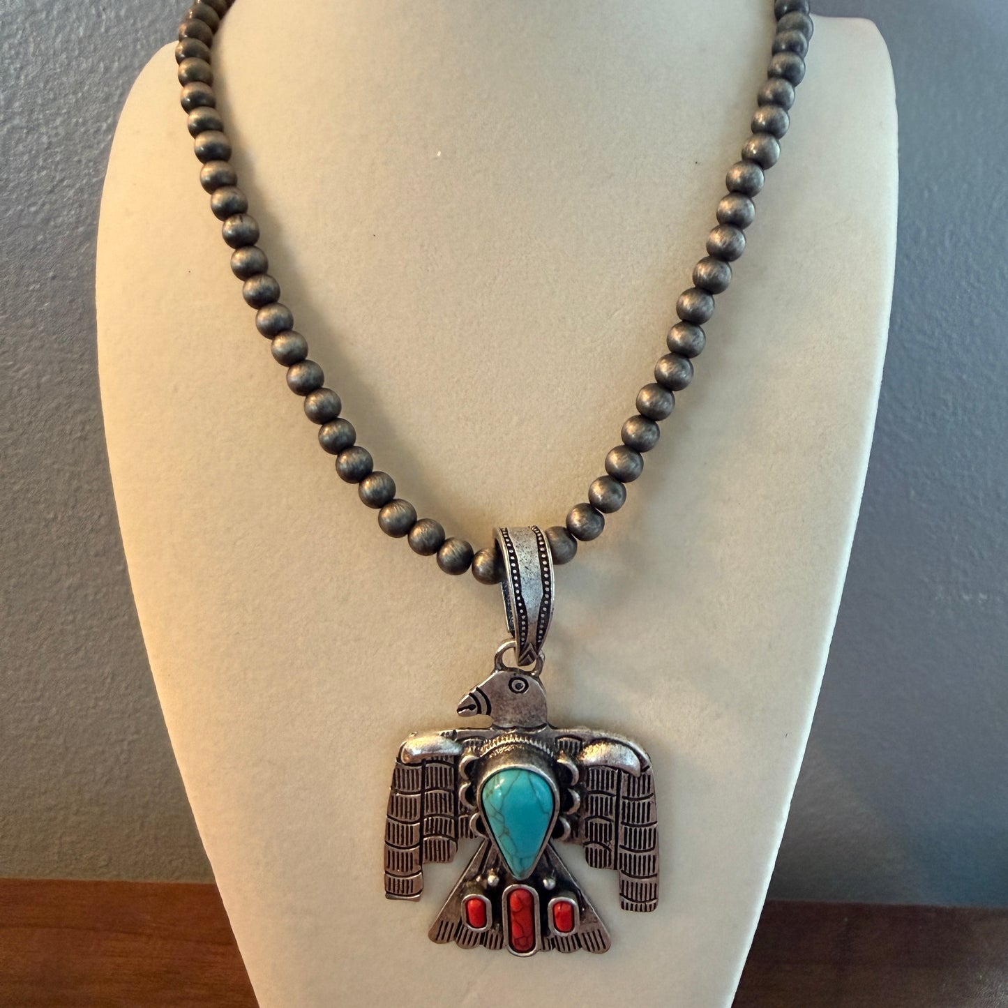 Navajo Style Thunderbird Turquoise Pendant, 6mm Silver Pearl Necklace, 18 Inch