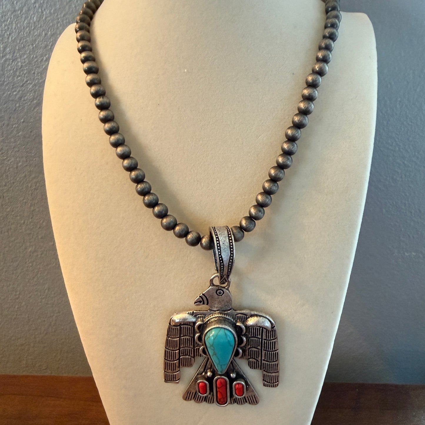Navajo Style Thunderbird Turquoise Pendant, 6mm Silver Pearl Necklace, 18 Inch