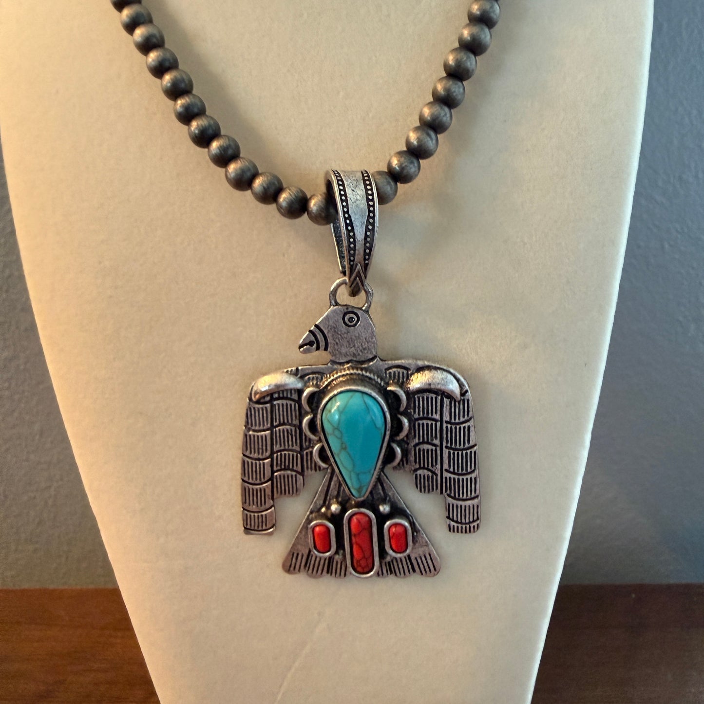 Navajo Style Thunderbird Turquoise Pendant, 6mm Silver Pearl Necklace, 18 Inch