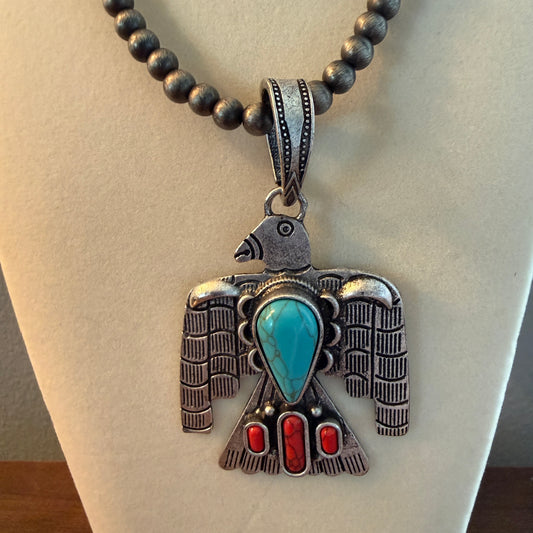 Navajo Style Thunderbird Turquoise Pendant, 6mm Silver Pearl Necklace, 18 Inch