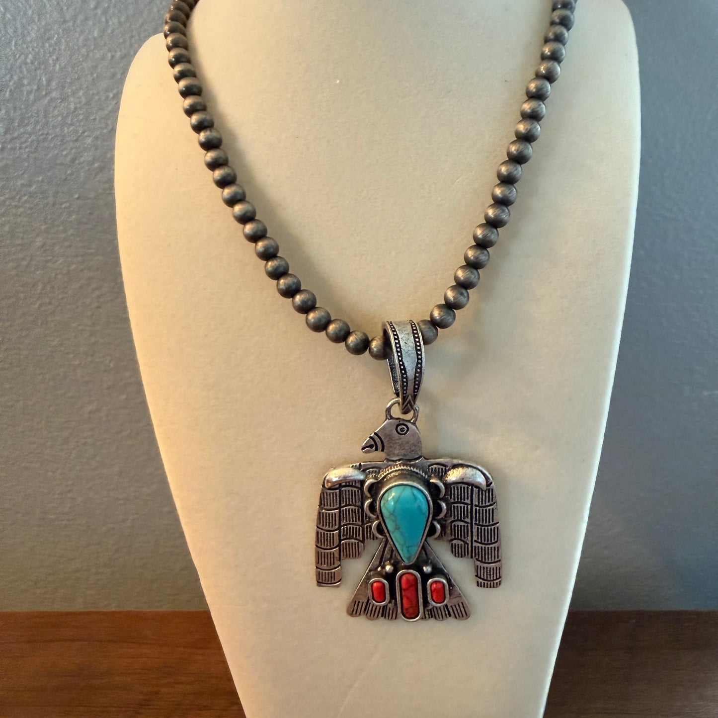 Navajo Style Thunderbird Turquoise Pendant, 6mm Silver Pearl Necklace, 18 Inch