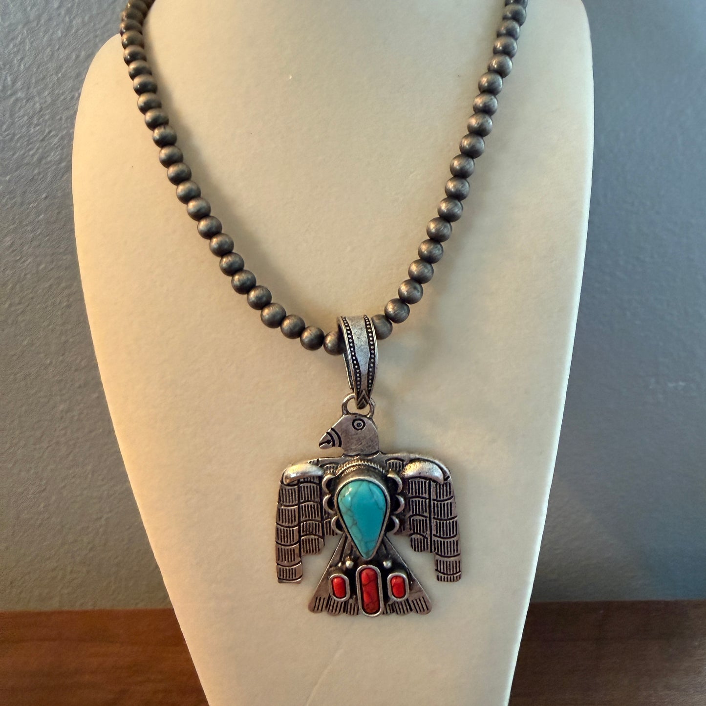 Navajo Style Thunderbird Turquoise Pendant, 6mm Silver Pearl Necklace, 18 Inch