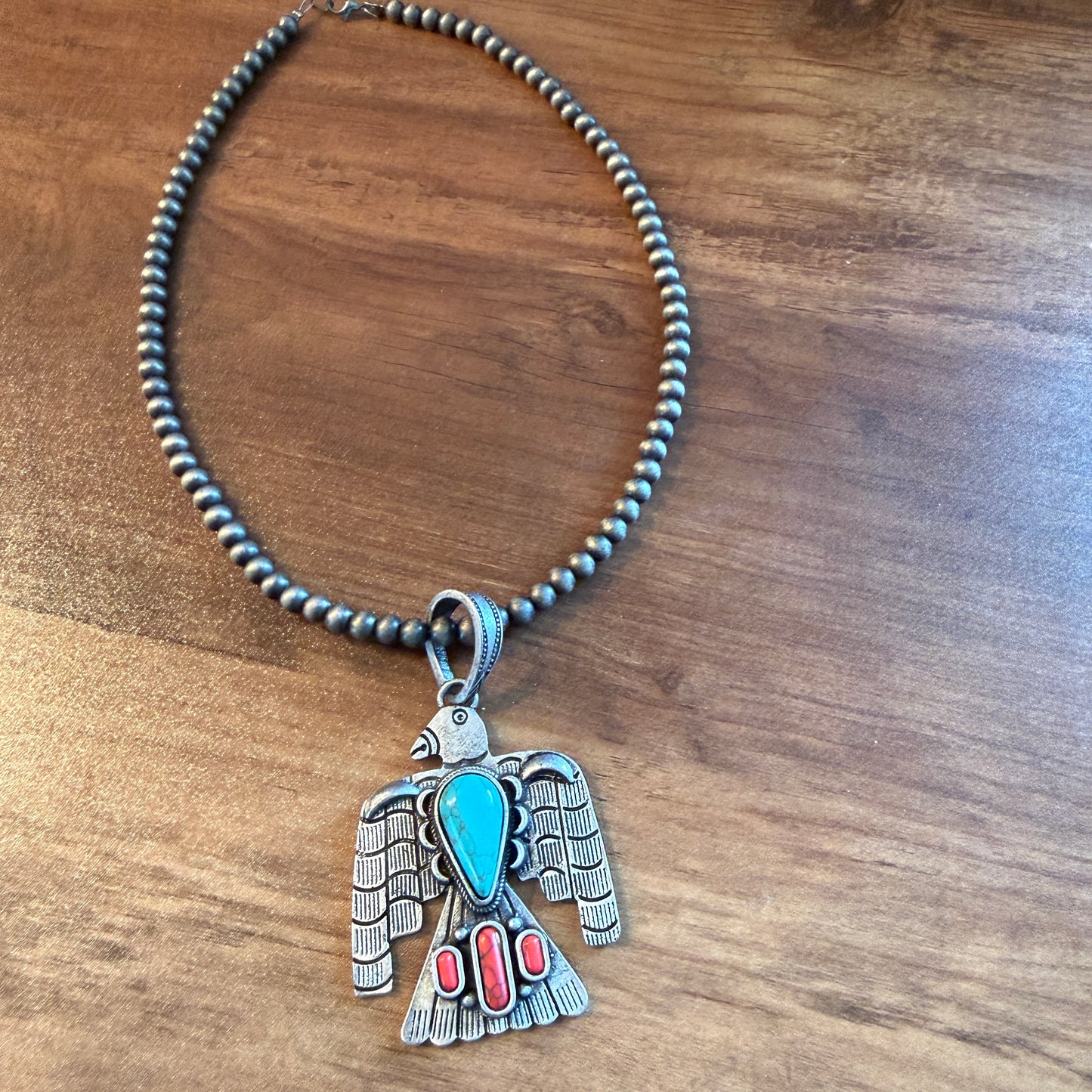 Navajo Style Thunderbird Turquoise Pendant, 6mm Silver Pearl Necklace, 18 Inch