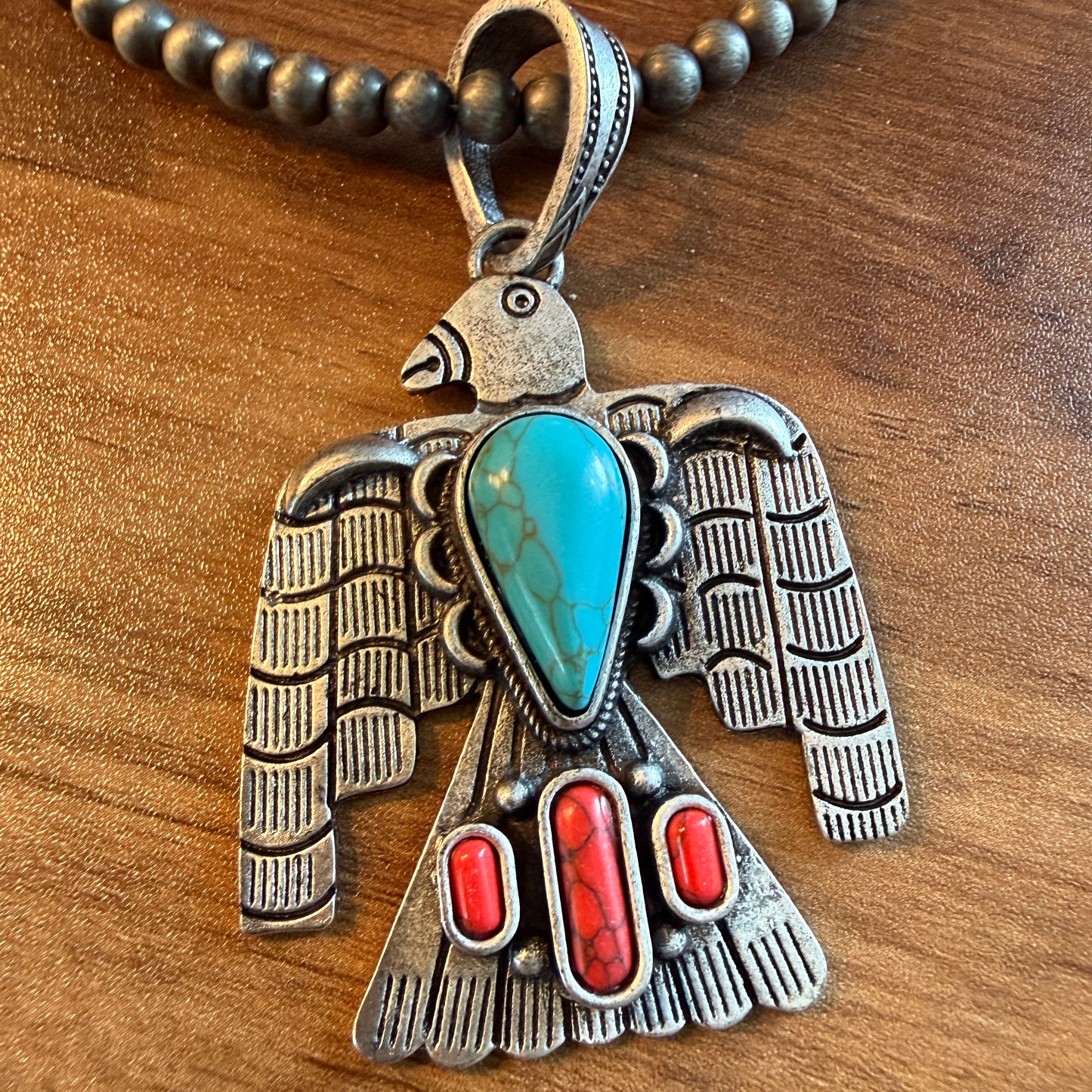Navajo Style Thunderbird Turquoise Pendant, 6mm Silver Pearl Necklace, 18 Inch