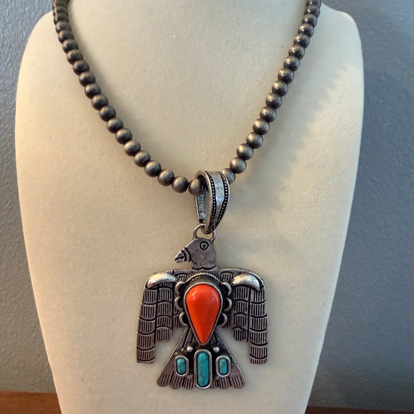 Handcrafted Navajo Style Coral Turquoise Thunderbird 6mm Silver Pearl Necklace, 18 Inch